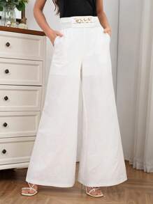 SHEIN Clasi Quần ống rộng đơn giản hàng ngày màu trơn cho nữ - Màu be - Xem 4