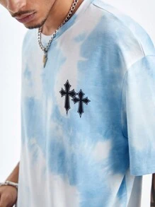 Manfinity VCAY Men's Loose Fit Cross Print Round Neck Knit T-Shirt Set, Suitable For Summer