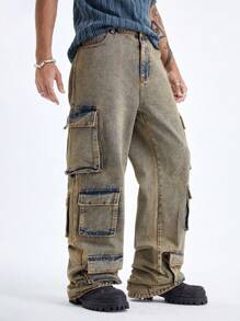 Manfinity Hypemode Men's Denim Vintage Rustic Dirty Multi-Pocket Cargo Jeans - Rust Brown - View 5