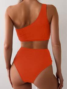 SHEIN Swim Women's Summer Beach Solid Color Orange One Shoulder Ruched Casual Tankini Set - Orange - View 2
