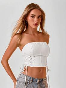 Aloruh Women's Summer Daily Cross-Tie Waist Solid White Tube Top With Drawstring - White - View 3
