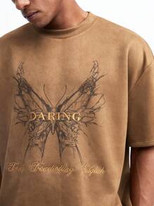 Manfinity NXTstreet Men Spring/Summer Casual Butterfly Printed Letter Embroidered Short Sleeve T-Shirt And Shorts Set - Brown - View 5
