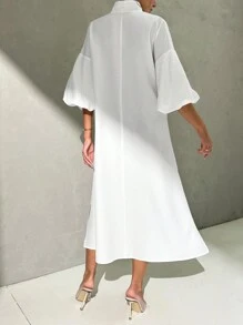 SHEIN Privé Ladies' Elegant Summer Lantern Sleeve Midi Loose Dress With Stand Collar, Suitable For Daily Wear, Vacation, Beach, Romantic Dates, Weddings, And Evening Parties