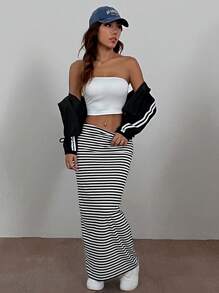 SHEIN EZwear 女士條紋針織型緊身及膝裙 - 黑與白 - 查看 4