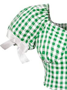 Summer Teen Girls' Vintage Sweet Puff Sleeve Fresh Gingham Top With Cake Patchwork Designed Skirt Set, Perfect For Vacation Party And Daily Commute - Green - View 3