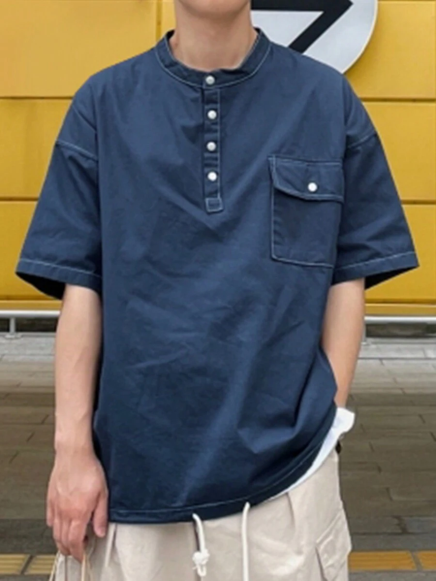 DAZY Men's Summer Plain Button Down Cargo Shirt With Pockets, Drop Shoulder & Loose Fit Back To School - Blue - View 1