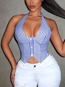 SHEIN SXY 海军蓝条纹纽扣不对称下摆露背吊带短款上衣，适合假日、性感、夏季海滩度假、波西米亚风、女性骄傲、西部风格、生日、单身派对、音乐会、俱乐部、毕业派对等场合。 - 藍色 - 查看 5