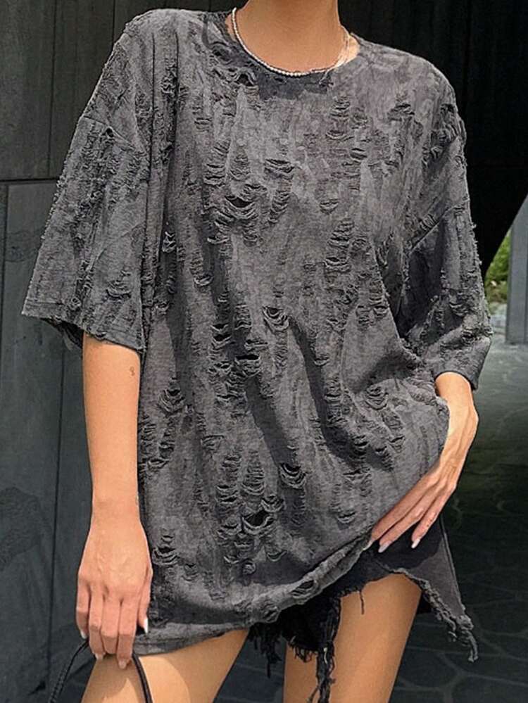 女性用夏物 単色 ラウンドネック ドロップショルダー 短袖 カジュアル ゆとりシルエットTシャツ トップス ディストレスディテール付き