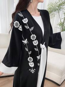 Al Najma Women's Printed Simple Everyday Abaya, Floral Embroidery Black Open Abaya - Black and White - View 3