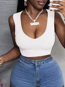 Slaydiva All-Match Versatile Sexy Low-Cut V-Neck White Ribbed Tank Top For Women, Great For Music Festivals/Rave Outfits - White - View 1