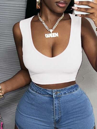 Slaydiva All-Match Versatile Sexy Low-Cut V-Neck White Ribbed Tank Top For Women, Great For Music Festivals/Rave Outfits