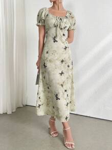 Mulvari 女士休閒短袖泡泡袖蝴蝶印花連衣裙，隨機設計