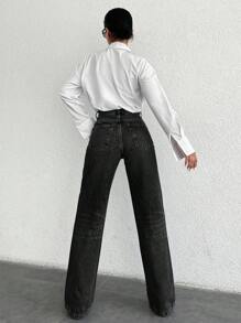 Ladies' Solid Color Straight-Leg Jeans With Slant Pockets - Black - View 2