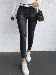 EURMUSE Zerrissene Skinny Denim Hose - Grau - Übersicht 4