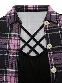 EMERY ROSE AB Plaid Splicing Turn-Down Collar Short Sleeve Tee, 2 In 1 Graphic Tees Women Tops - Multicolor - View 4