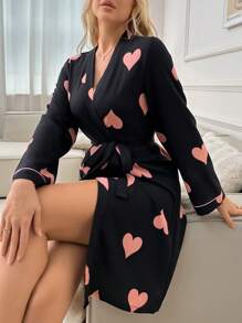 Bata con estampado de corazones para mujer, con cinturón, detalles cálidos y elegantes, para otoño e invierno