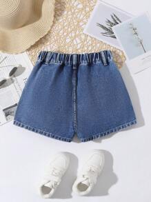 SHEIN Falda pantalón de mezclilla cargo con abertura lateral para niñas preadolescentes - Azul lavado medio - Ver 2
