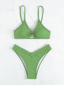 SHEIN Swim 女士純色環形連結性感比基尼套裝，含分離式上下衣，夏季沙灘服飾 - 綠色 - 查看 4