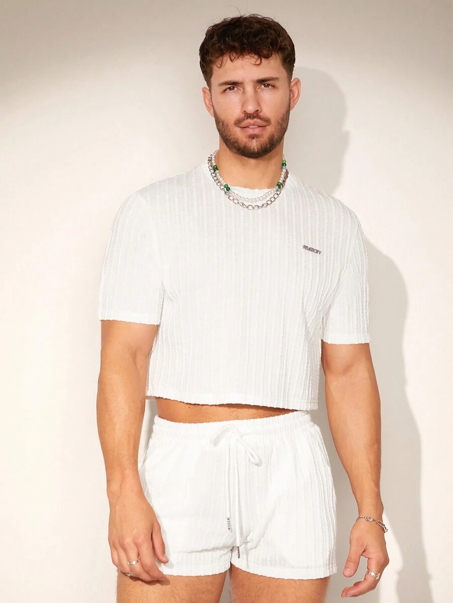 FeverCity Herren Strick Jacquard lose Kurzarm T-Shirt Set, geeignet für Sommer - Weiss - Übersicht 1