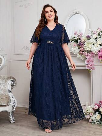 Plus Size Fashion V-Neck High Waist Flared Lace Wedding/Party Dress Elegant Formal Evening Prom Wedding Guest Gown, For Graduation, Dinner