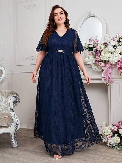 Plus Size Fashion V-Neck High Waist Flared Lace Wedding/Party Dress Elegant Formal Evening Prom Wedding Guest Gown, For Graduation, Dinner
