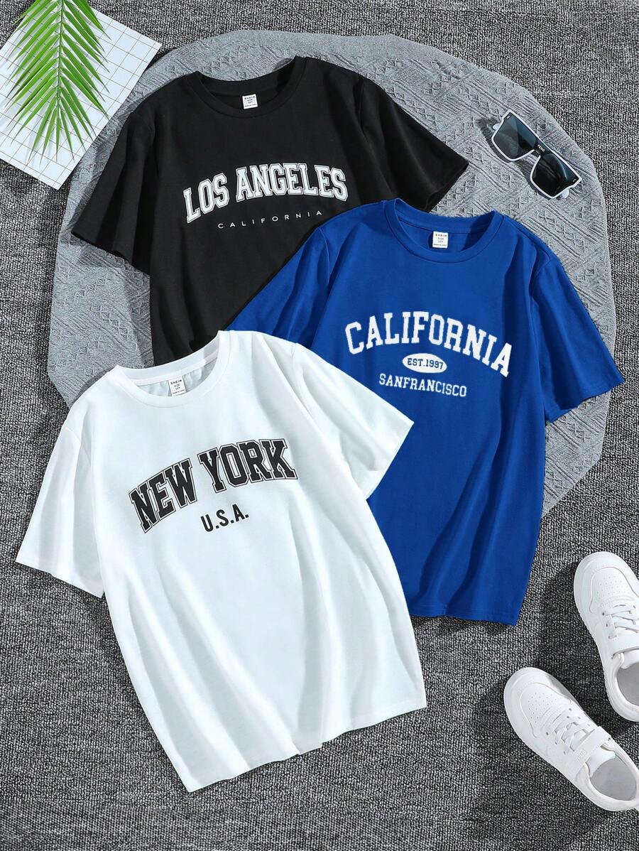 SHEIN 3入組青少年男孩松身型休閒短袖上衣，英文字母印花，多件套裝 - 寶藍色 - 查看 1