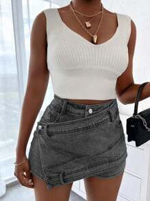 Rave Y2K Vintage Streetwear Elastic Layered Waist Solid Color Asymmetric Hem Fitted Cargo Mini Skirt Pants - Grey - View 3