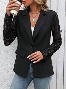 SHEIN Clasi Women's Lace Suit Jacket (Floral Pattern Cutout Design) - Black - View 7