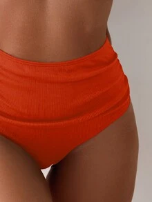 SHEIN Swim Women's Summer Beach Solid Color Orange One Shoulder Ruched Casual Tankini Set - Orange - View 4