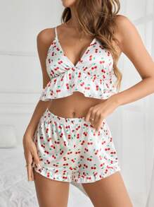 Women's Fruit Printed Stretch Satin Camisole & Shorts Summer Sleepwear Set