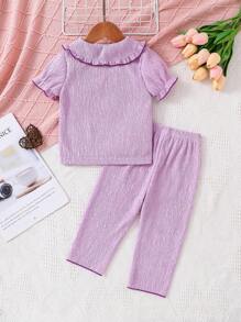 SHEIN Bộ 2 chiếc Xù Màu Tím Ren Viền Áo Ngắn Tay Và Quần Dài Thường Ngày Mặc Ở Nhà - Màu tím - Xem 2