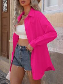 EMERY ROSE 女士春夏纯色宽松落肩长袖休闲衬衫、长袖上衣 - 玫紅色 - 查看 4