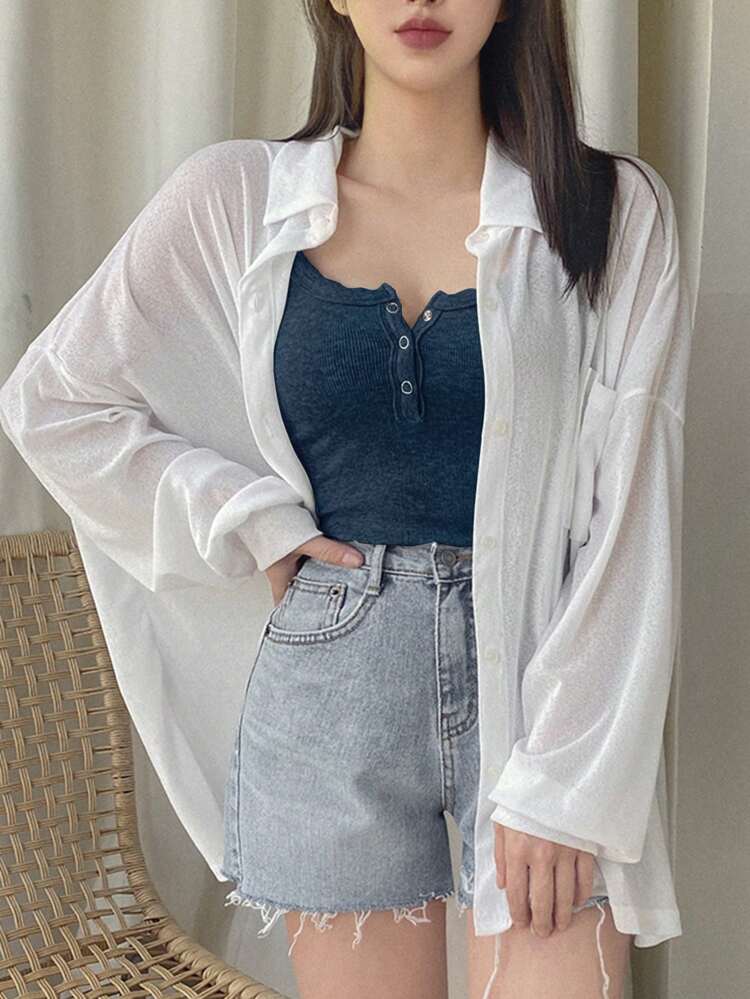 Women's Summer Solid Color Button-Front Tank Top Preppy Tops