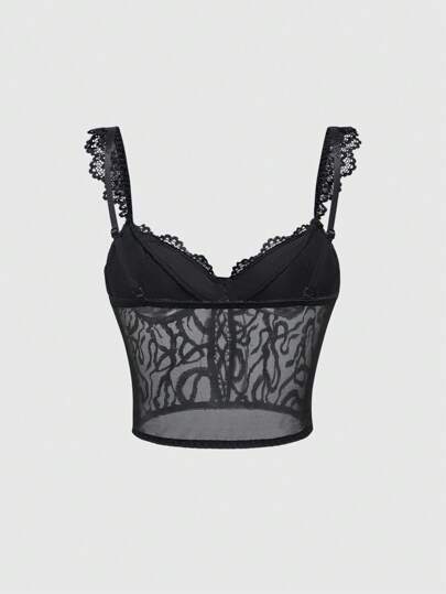 Goth Camiseta de tirantes para mujer con diseño de empalme y encaje recortado, con patrón de textura de patrón de piel de serpiente gótico oscuro