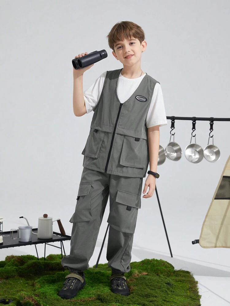 3pcs/Set Tween Boy Loose Casual Crewneck Short Sleeve Solid T-Shirt, Woven Vest And Elastic Cuff Pants