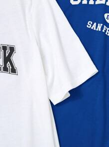 SHEIN 3入組青少年男孩松身型休閒短袖上衣，英文字母印花，多件套裝 - 寶藍色 - 查看 7