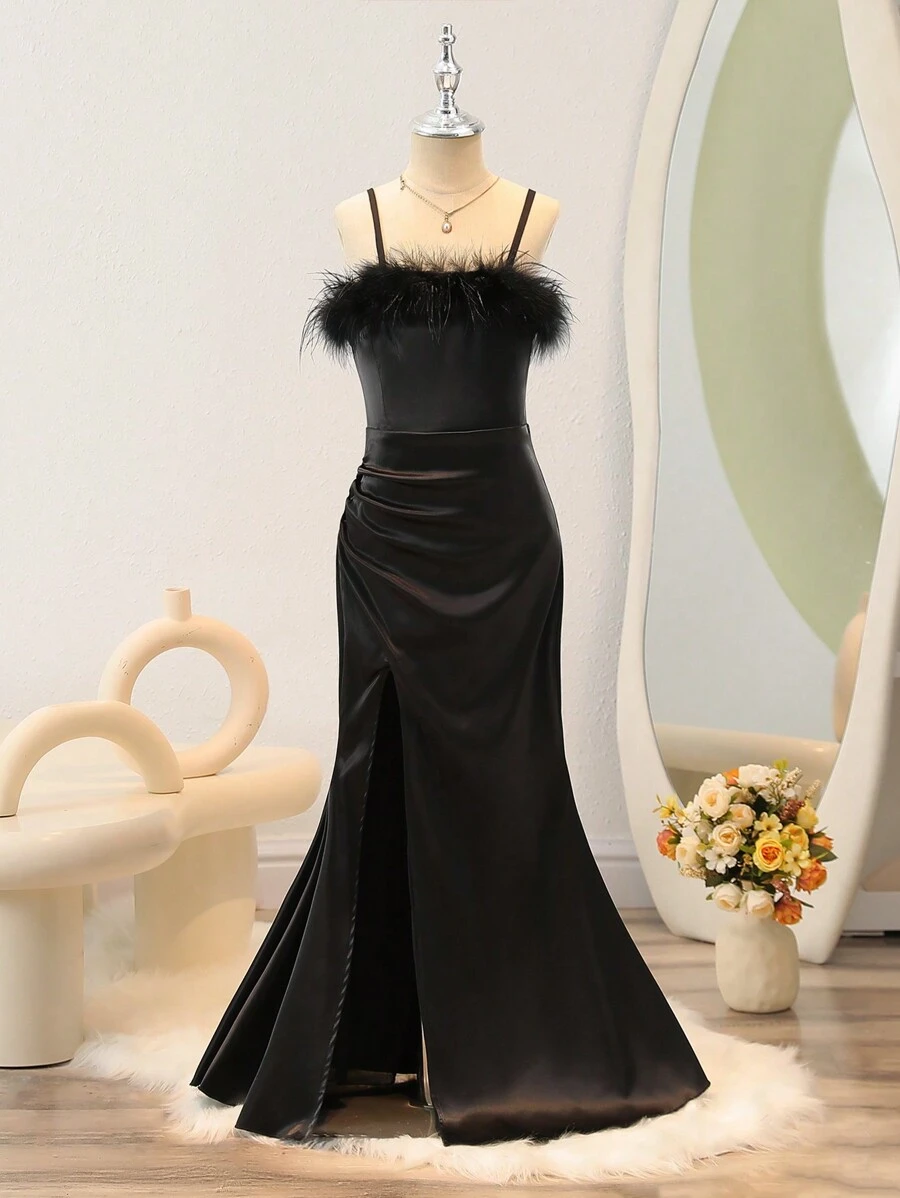 SHEIN Tween Girl Elegant Black Fur Dress, Suitable For Parties, Evening Events And Banquets - Black - View 1