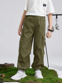 SHEIN Leap Crew Boys Flap Pocket Side Cargo Trousers - Army Green - View 2
