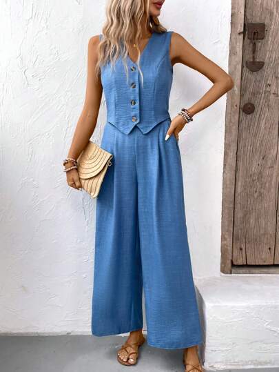 Calvaya Conjunto de top sin mangas y pantalones de unicolor para vacaciones