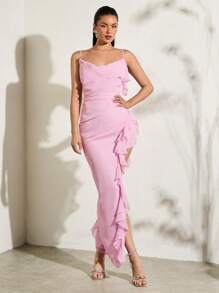 SHEIN BAE Summer Sexy Pink Sweetheart Neckline High Slit Ruffle Trim Side Decorated Fitted Pleated Backless Cami Dress For Women - Pink - View 4