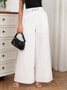 SHEIN Clasi Quần ống rộng đơn giản hàng ngày màu trơn cho nữ - Màu be - Xem 7