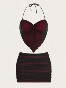 SHEIN ICON Women Y2k Fashionable Rave Festival Sexy Club Outfits Halter Neck Vest & Low Waist Solid Color 
Burgundy Mini Skirt Set - Red - View 1