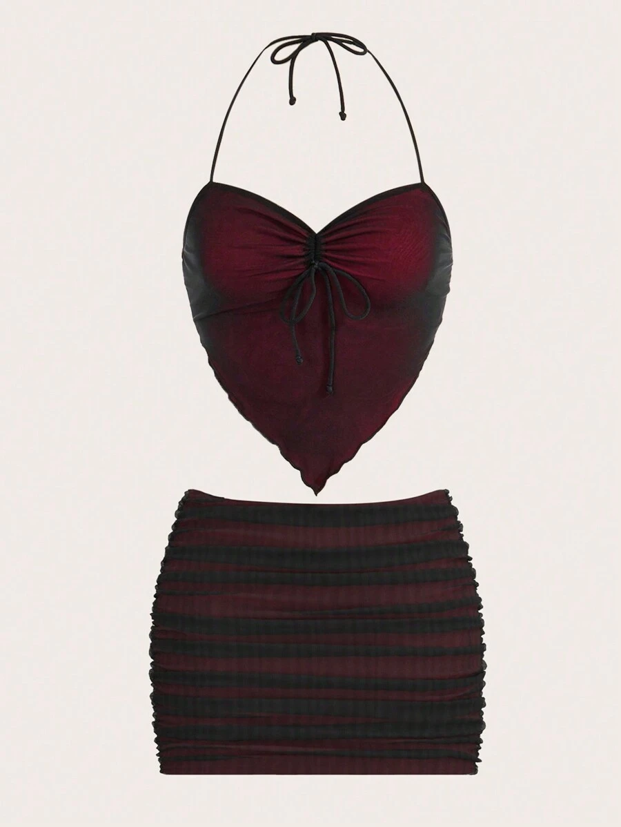 SHEIN ICON Women Y2k Fashionable Rave Festival Sexy Club Outfits Halter Neck Vest & Low Waist Solid Color 
Burgundy Mini Skirt Set - Red - View 1