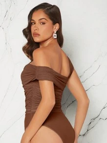 L'Amorae Ruched Contrast Mesh Asymmetrical Neck Brown Bodysuit - Brown - View 2