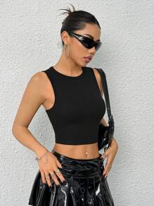 SHEIN ICON Frauen Sommer Netzspitze Slim Fit Crop Y2K Ausgeh- und sexy transparente schwarze Oberteil mit Rundhalsausschnitt - Schwarz - Übersicht 10
