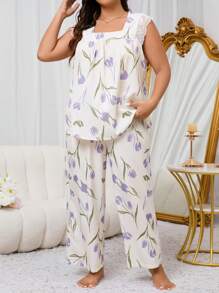 Plus Size Lace Trim Square Neck Printed Comfortable Pajama Set - Multicolor - View 5