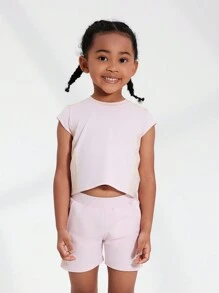 SHEIN 2pcs/Set Girls Casual Loose Round Neck T-Shirt And Pocket Shorts, Sports Outfit, Moisture Wicking, Suitable For Spring And Summer