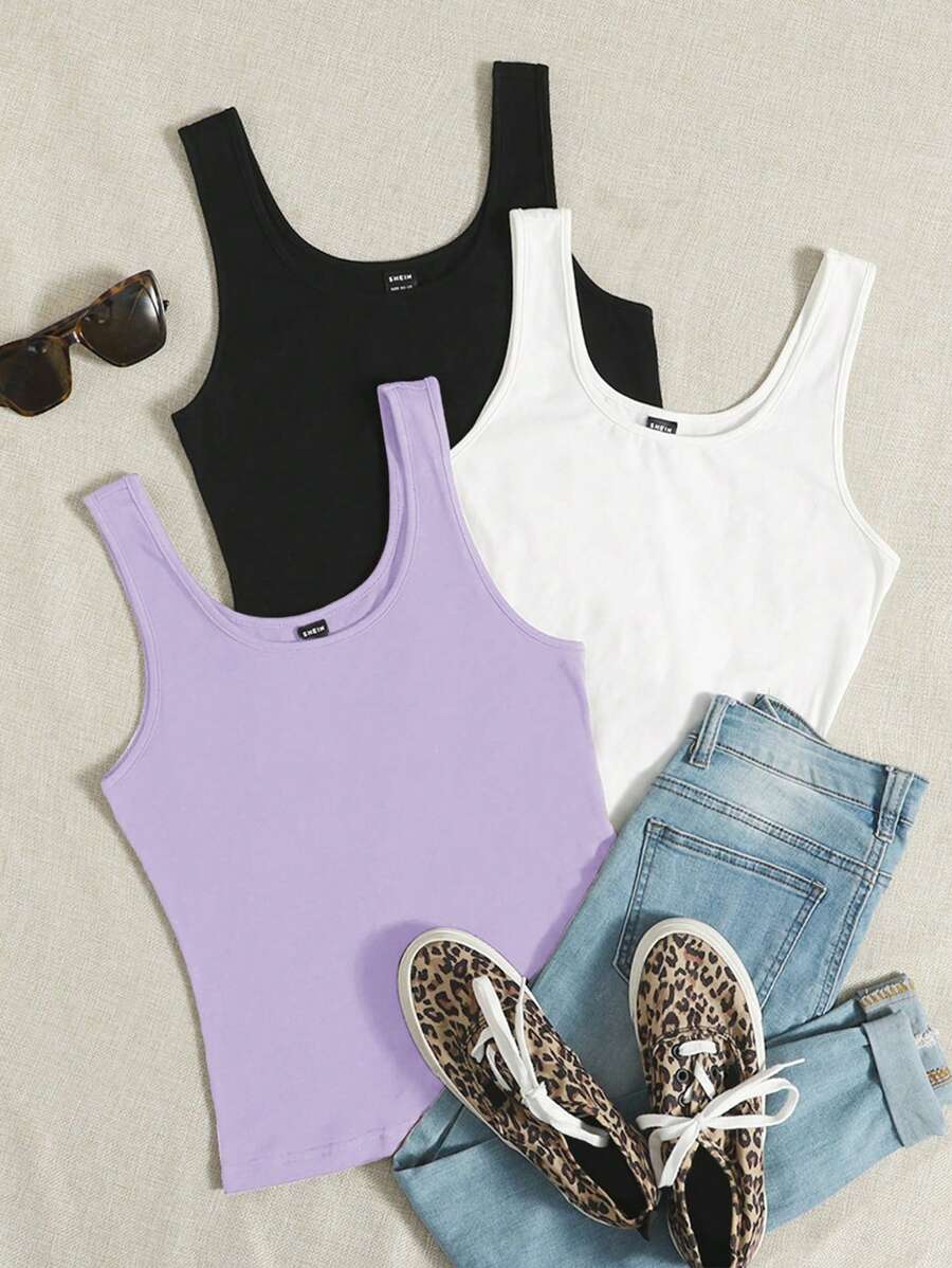 Comfortcana Summer Casual Solid Color Knitted Tank Top Three Pieces Set - Lilac Purple - View 1