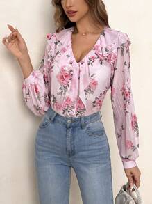 SHEIN Privé 女性夏季透視花卉印花雪紡襯衫，燈籠袖和荷葉邊設計，適用於日常穿著、沙灘、浪漫約會、婚禮儀式、音樂節 - 彩色 - 查看 4