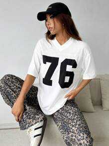 SHEIN EZwear Loose Fit V-Neck T-Shirt With Team Print - White - View 7